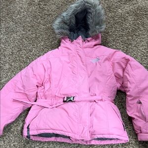 North Face Greenland pink puffer jacket with removable fur on hood sz L